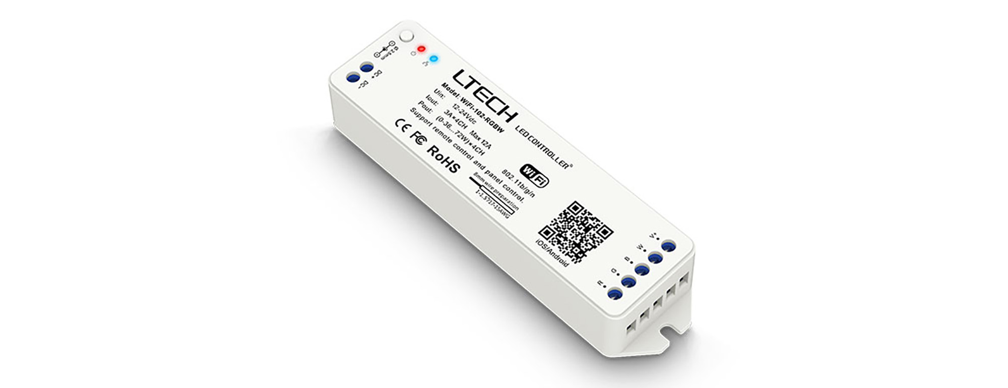 WIFI-102-RGBW  Wi-Fi RGBW Controller 12/24V DC 144/288W; 12A(3Ax4CH); Android/Apple Interface; IP44.